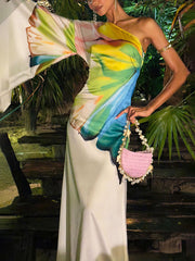 Asymmetric Flower Print Long Sleeves Loose One-Shoulder Maxi Dresses