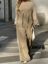 Pleated Pockets Split-Joint Long Sleeves Loose Round-Neck Jumpsuits