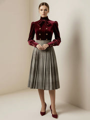 Long Sleeves Puff Sleeves Bow-Embellished Buttoned Contrast Color Pleated Split-Joint High Neck Blouses&Shirts Tops