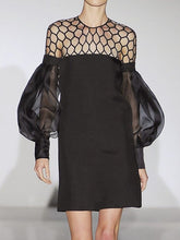 Hollow Solid Color Split-Joint Long Sleeves Loose Round-Neck Mini Dresses