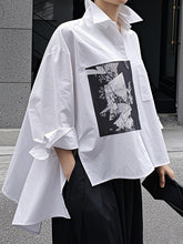 A-Line High-Low Buttoned Pockets Printed Split-Side Stand Collar Blouses&Shirts Tops