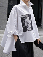 A-Line High-Low Buttoned Pockets Printed Split-Side Stand Collar Blouses&Shirts Tops