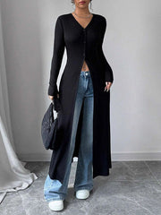 Buttoned Solid Color Split-Front Long Sleeves Skinny V-Neck T-Shirts