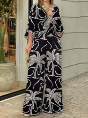 Printed Half Sleeves High Waisted V-Neck Jumpsuits