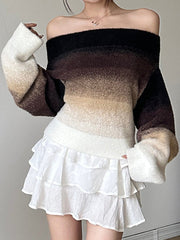 Gradient Split-Joint Velvet Long Sleeves Loose Off-The-Shoulder Sweater Tops