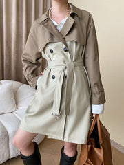 Buttoned Contrast Color Split-Joint Tied Waist Long Sleeves Loose Lapel Trench Coats