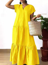 Pleated Solid Color Split-Joint A-line Loose V-neck Maxi Dresses