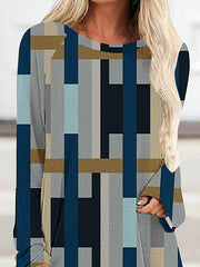 Contrast Color Printed Striped High-Low Long Sleeves Round-Neck T-Shirts Tops