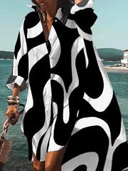 Urban High-Low Contrast Color Printed Midi Shirt Dress