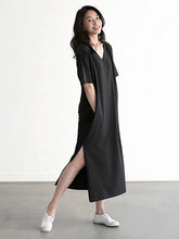 Casual Loose Short Sleeves Split-Side Solid Color V-Neck Midi Dresses