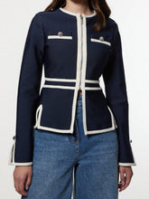Buttoned Contrast Color Split-side Zipper Long Sleeves Round-neck Outerwear
