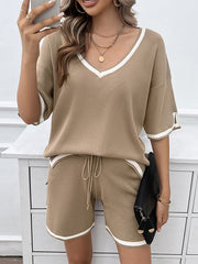 Half Sleeves Loose Contrast Color V-Neck T-Shirt Top + Shorts Bottom Sweater Two Pieces Set