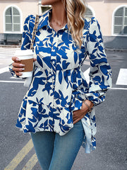 Contrast Color Leaves Print High-Low Loose Lapel Blouses&Shirts Tops