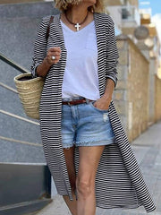 Contrast Color Striped Long Sleeves Loose Collarless Cardigan Coats