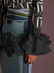 Buttoned Letter Print Flared Sleeves Long Sleeves Lapel Blouses&Shirts Tops