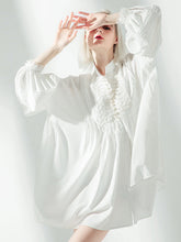 Vacation Long Sleeves Puff Sleeves Embroidered Solid Color Stand Collar Mini Dresses