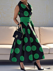 Pockets Polka-Dot Split-Joint Tied Waist A-line Loose Lapel Shirt Dress Maxi Dresses