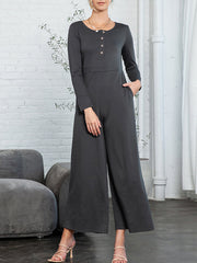 Buttoned Solid Color High Waisted Long Sleeves Round-Neck Jumpsuits