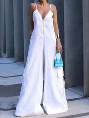 Solid Color Zipper Sleeveless Wide Leg Deep V-Neck Jumpsuits