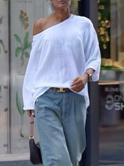 Solid Color Long Sleeves Loose One-Shoulder T-Shirts Tops