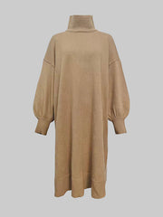 Solid Color Long Sleeves Loose High Neck Sweater Dresses Midi Dresses
