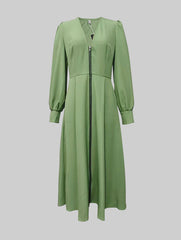 A-Line Long Sleeves Pleated Pockets Solid Color Zipper V-Neck Midi Dresses