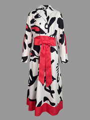 A-Line Long Sleeves Buttoned Contrast Color Tied Waist Notched Collar Maxi Dresses Shirt Dress