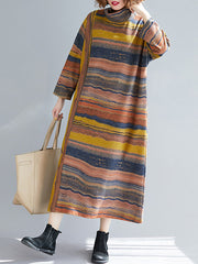 Asymmetric Striped A-Line Long Sleeves High Neck Midi Dresses