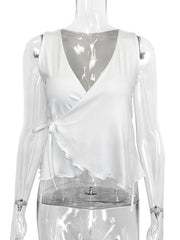 Solid Color Tied Loose Sleeveless V-Neck Vest Top