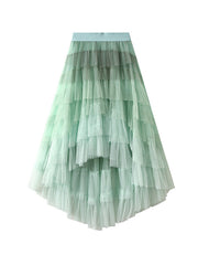 Contrast Color Elasticity Gauze Gradient Pleated Split-Joint Tiered A-Line High-Low Skirts