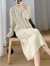 Simple Loose Long Sleeves Jacquard Solid Color Round-Neck Midi Dresses