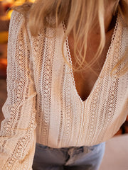 Hollow Solid Color Long Sleeves Loose Deep V-Neck Blouses&Shirts Tops
