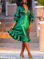 Pleated Ruffled Shiny Solid Color Split-Joint Elasticated Waist High Waisted Deep V-Neck Midi Dresses