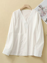 Pockets Solid Color Long Sleeves Loose V-Neck Blouses&Shirts Tops