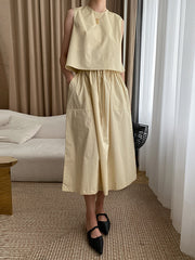 Solid Color Round-Neck Vest + High Waisted Skirt Two Pieces Set