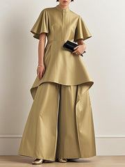 Shiny Solid Color High Waisted Loose Trousers Pants