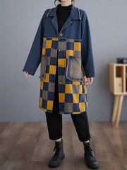 Buttoned Fringed Plaid Pockets Split-Joint Long Sleeves Loose Notched Collar Denim Outerwear