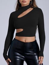 Asymmetric Hollow Solid Color Split-Joint Long Sleeves Skinny High Neck T-shirts