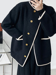 Asymmetric Buttoned Pockets Split-Joint Long Sleeves Loose Round-Neck Woolen Coat