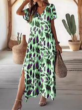 Printed Split-Side Loose Short Sleeves V-Neck Maxi Dresses