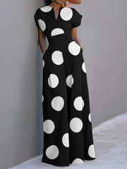 Polka-Dot Short Sleeves Wide Leg V-Neck Jumpsuits