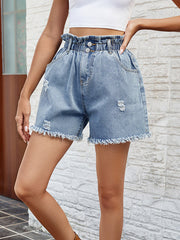 Buttoned Elasticity Fringed Pockets Loose Wide Leg Shorts Bottoms Jean Pants Bottoms