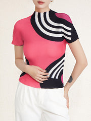 Contrast Color Printed Short Sleeves Mock Neck T-Shirts Tops
