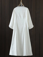 Chinese Frog Buttons Jacquard Solid Color Long Sleeves Loose V-Neck Midi Dresses