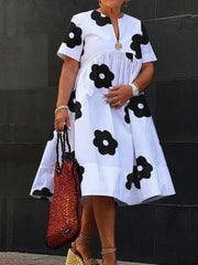 Flower Print Pleated Split-Joint A-Line Loose Round-Neck Midi Dresses