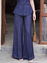 Elasticity Pockets Solid Color High Waisted Loose Trousers Jean Pants Bottoms