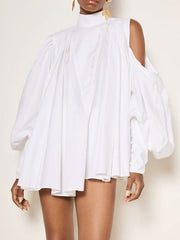 Buttoned Solid Color Loose Over Size High Neck Blouses&Shirts Tops