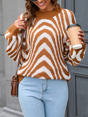 Split-Joint Striped Long Sleeves Loose Round-Neck Sweater Tops Pullovers