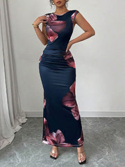 Contrast Color Flower Print Bodycon Sleeveless Round-Neck Maxi Dresses