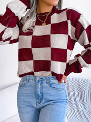 Contrast Color Plaid Long Sleeves Loose Round-Neck Sweater Tops
